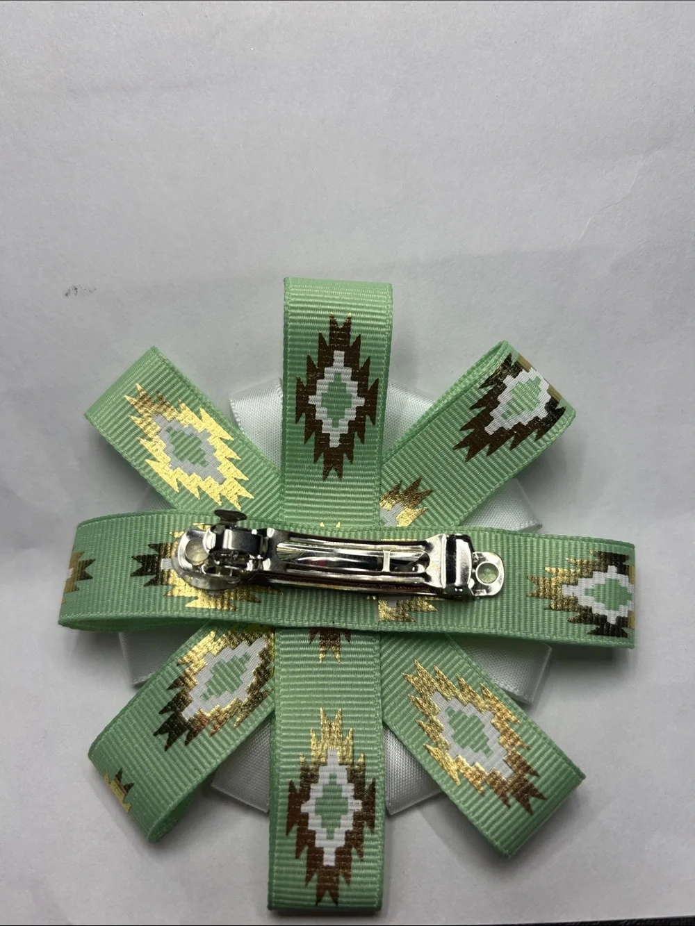 White & Mint Aztec Ribbon Hair Bow with Silver Cowboy Hat Accent